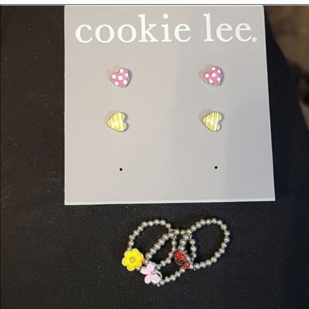 Cookie Lee Children teen‎ flower kitty cat heart necklace rings earings siliver